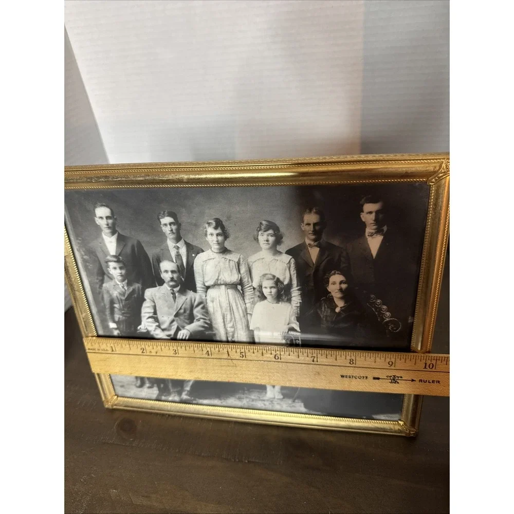 Antique Framed Family Group Photograph Picture Writing On Back 1919 Brass Frame